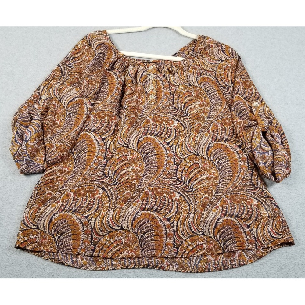 Bobeau Blouse Womens M Medium Paisley Sheer Roll Tab 3/4 Sleeve Boho Top Artsy